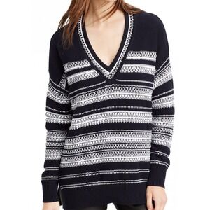 VINCE Textured Fair Isle Navy Blue Striped 100% Cotton V-Neck Sweater Size XS